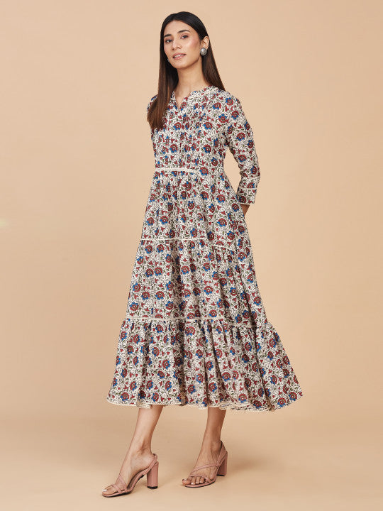 Floral Printed Tiered Gathered Linen A-Line Ethnic Dress