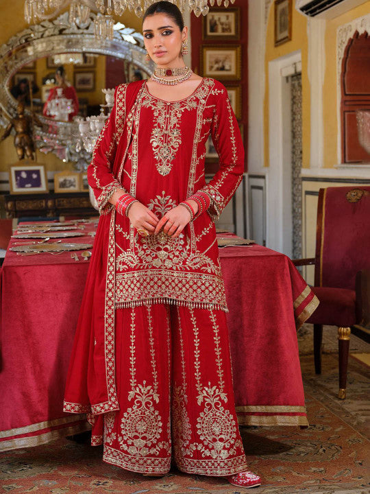 Indo Era Adults-Women Woven Design Embroidered Kurta with Palazzos & Dupatta
