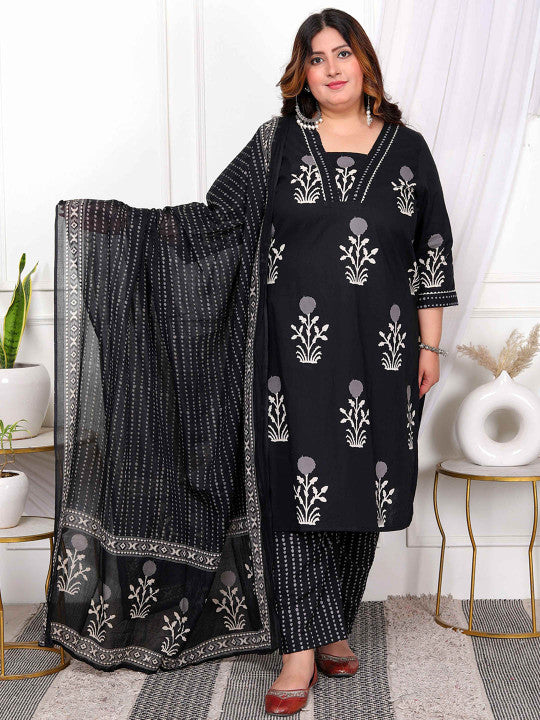 Floral Printed Pure Cotton Straight Kurta With Trouser And Dupatta