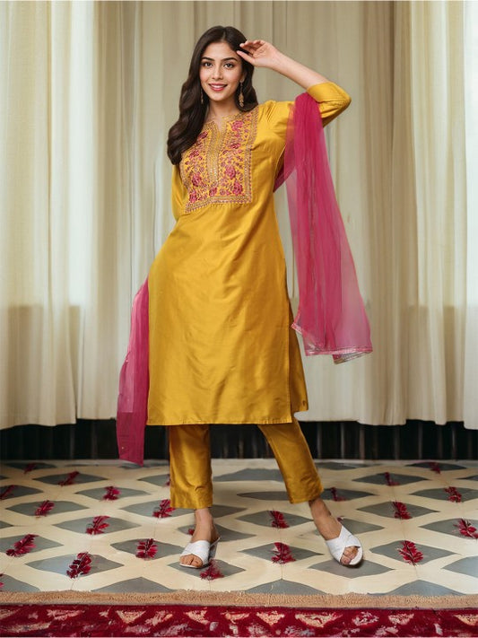 Ishin Women Floral Yoke Design Regular Thread Work Kurta with Trousers & With Dupatta