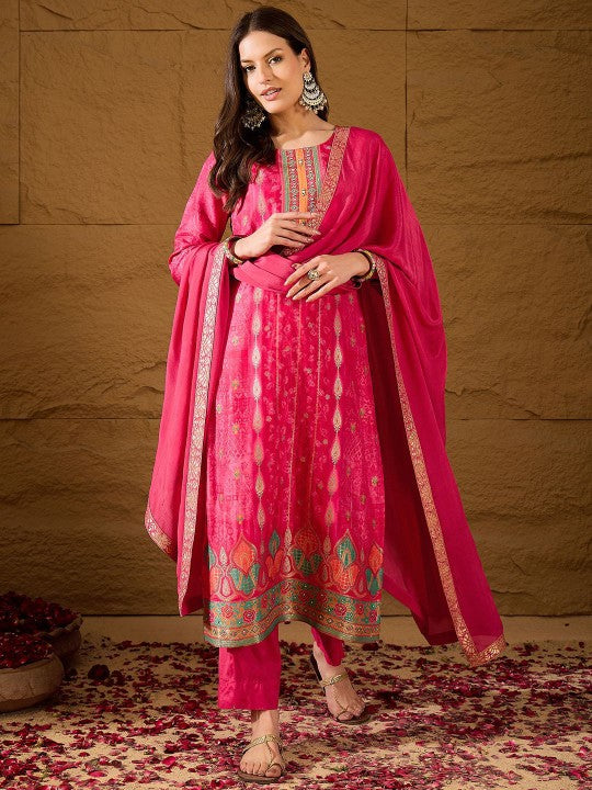 House of Pataudi Yoke Design Mirror Work Chanderi Silk Kurta