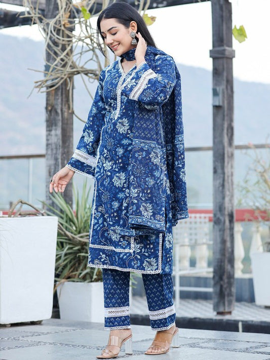 Yufta Floral Embroidered Thread Work Pure Cotton Kurta With Trousers & Dupatta