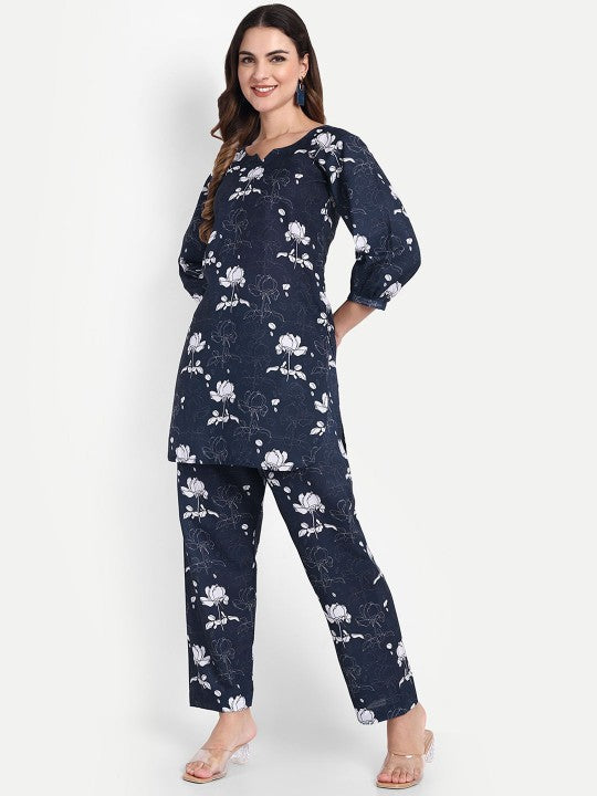 TILISM Floral Printed Round Neck Three-Quarter Sleeves Pure Cotton Top With Trouser