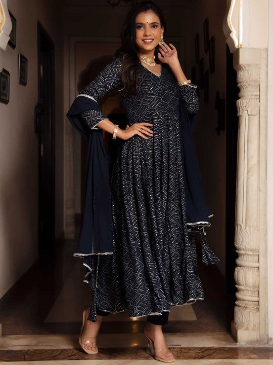 Calmna Women Bandhani Printed V Neck Gotta Patti Kurta with Trousers & Dupatta