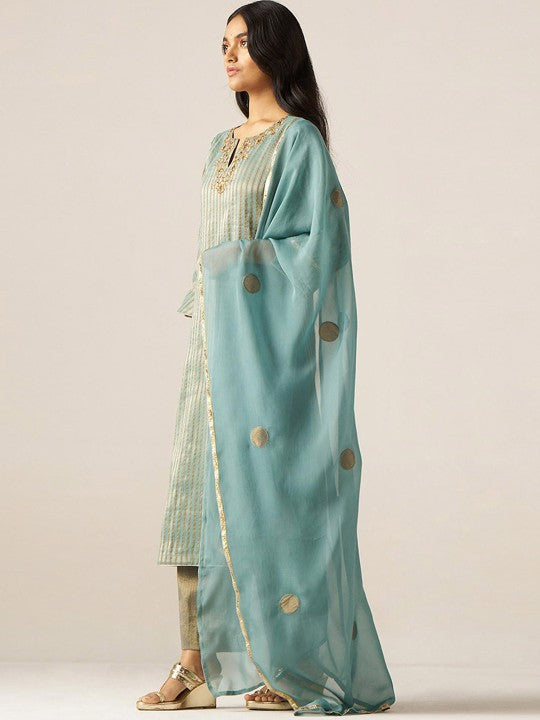 Ganga Striped Woven Design Thread Work Tissue Straight Kurta