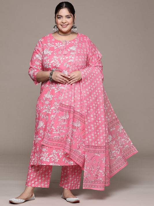 Floral Printed Sequinned Pure Cotton Kurta Set