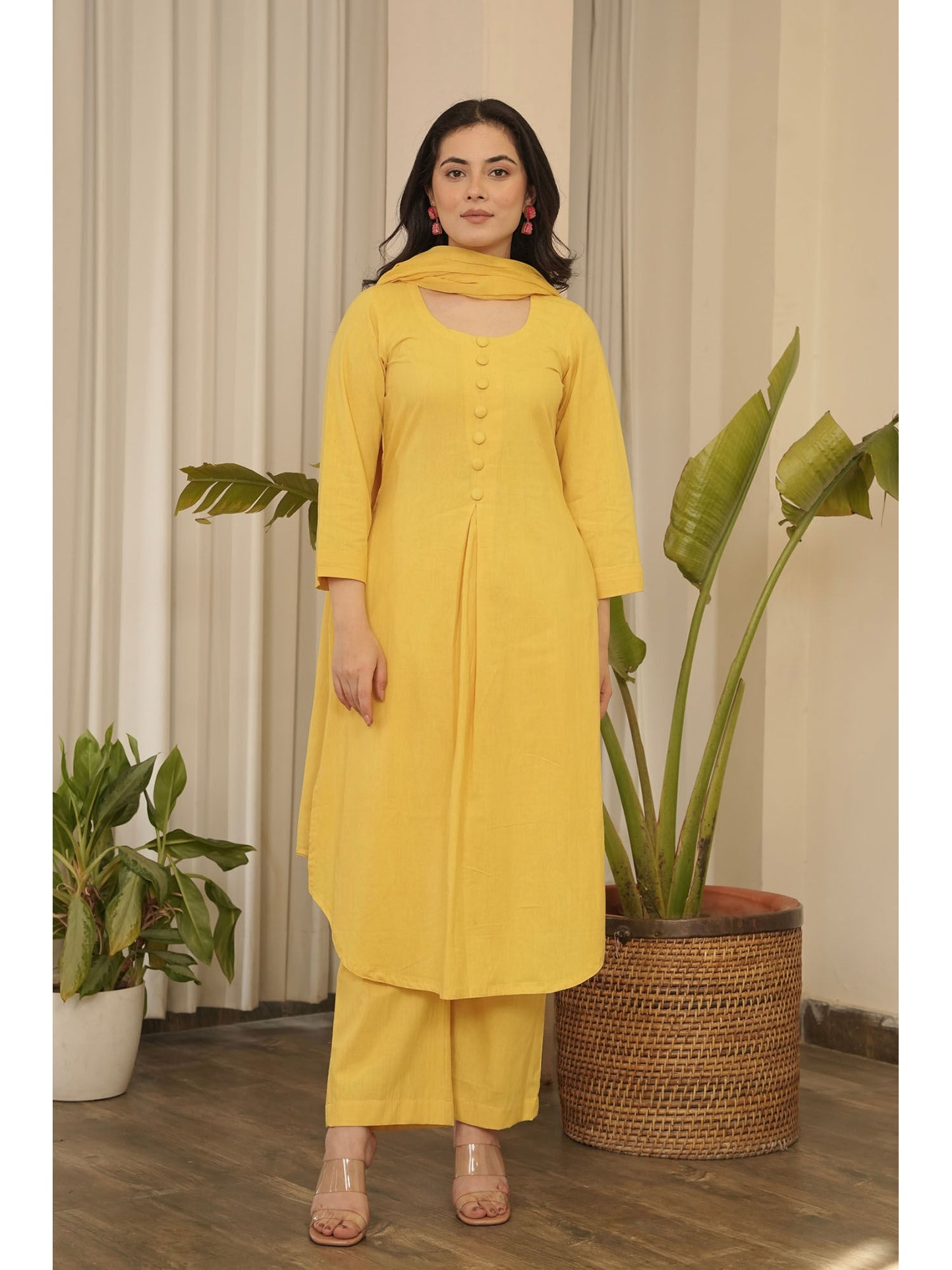 Yellow Cotton Kurta with Pant & Dupatta (Set of 3)