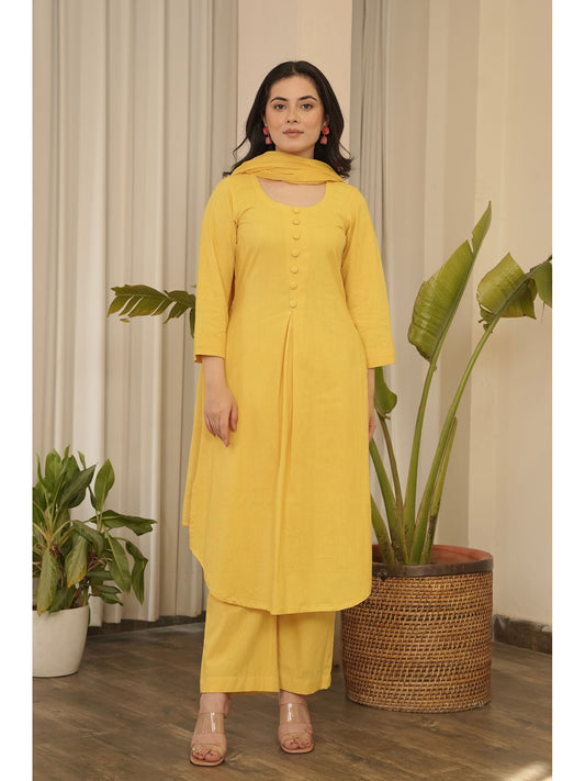 Yellow Cotton Kurta with Pant & Dupatta (Set of 3)
