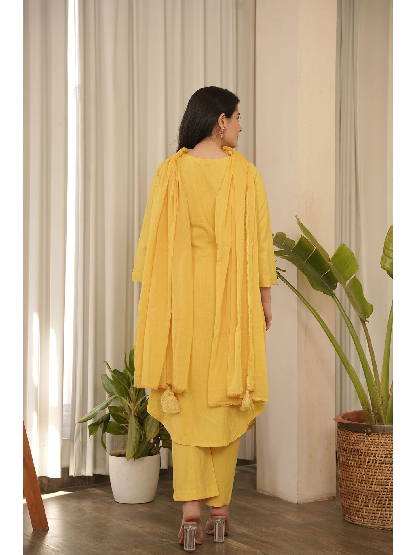 Yellow Cotton Kurta with Pant & Dupatta (Set of 3)