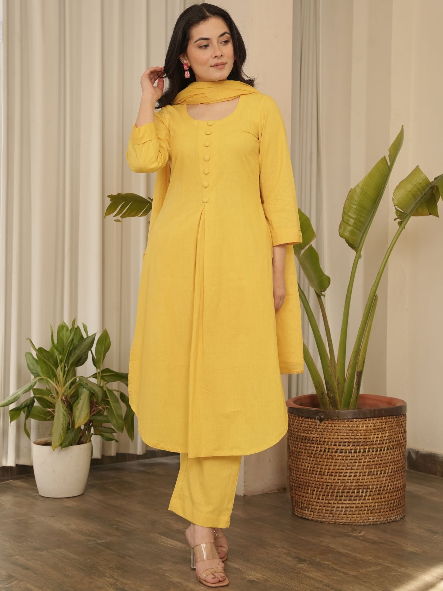 Yellow Cotton Kurta with Pant & Dupatta (Set of 3)
