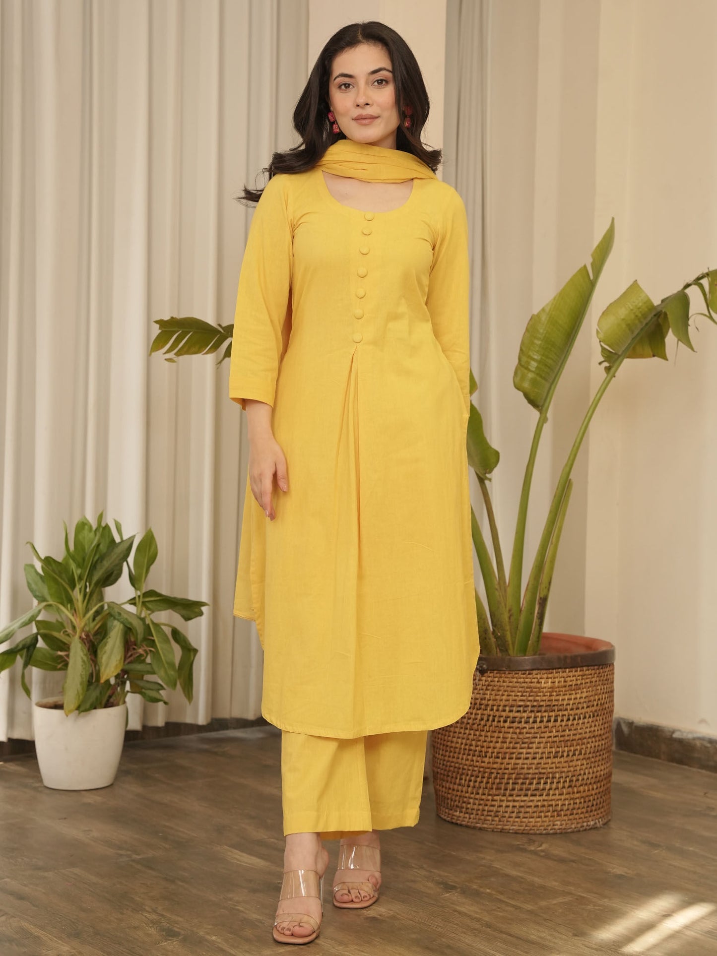 Yellow Cotton Kurta with Pant & Dupatta (Set of 3)