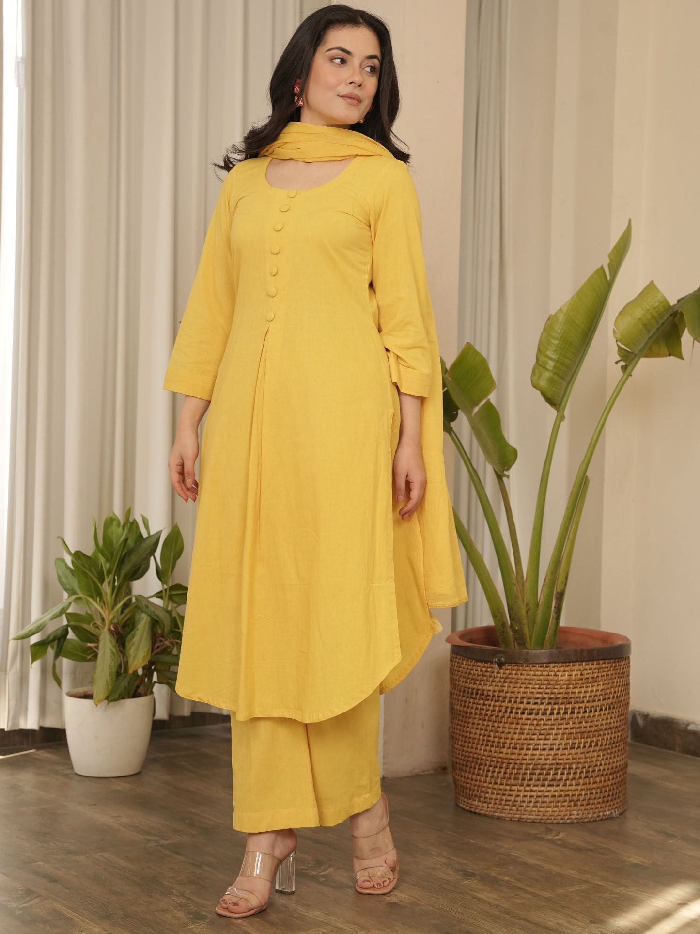 Yellow Cotton Kurta with Pant & Dupatta (Set of 3)