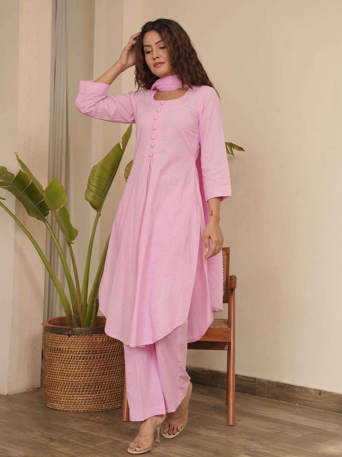 Baby Pink Cotton Kurta with Pant & Dupatta (Set of 3)