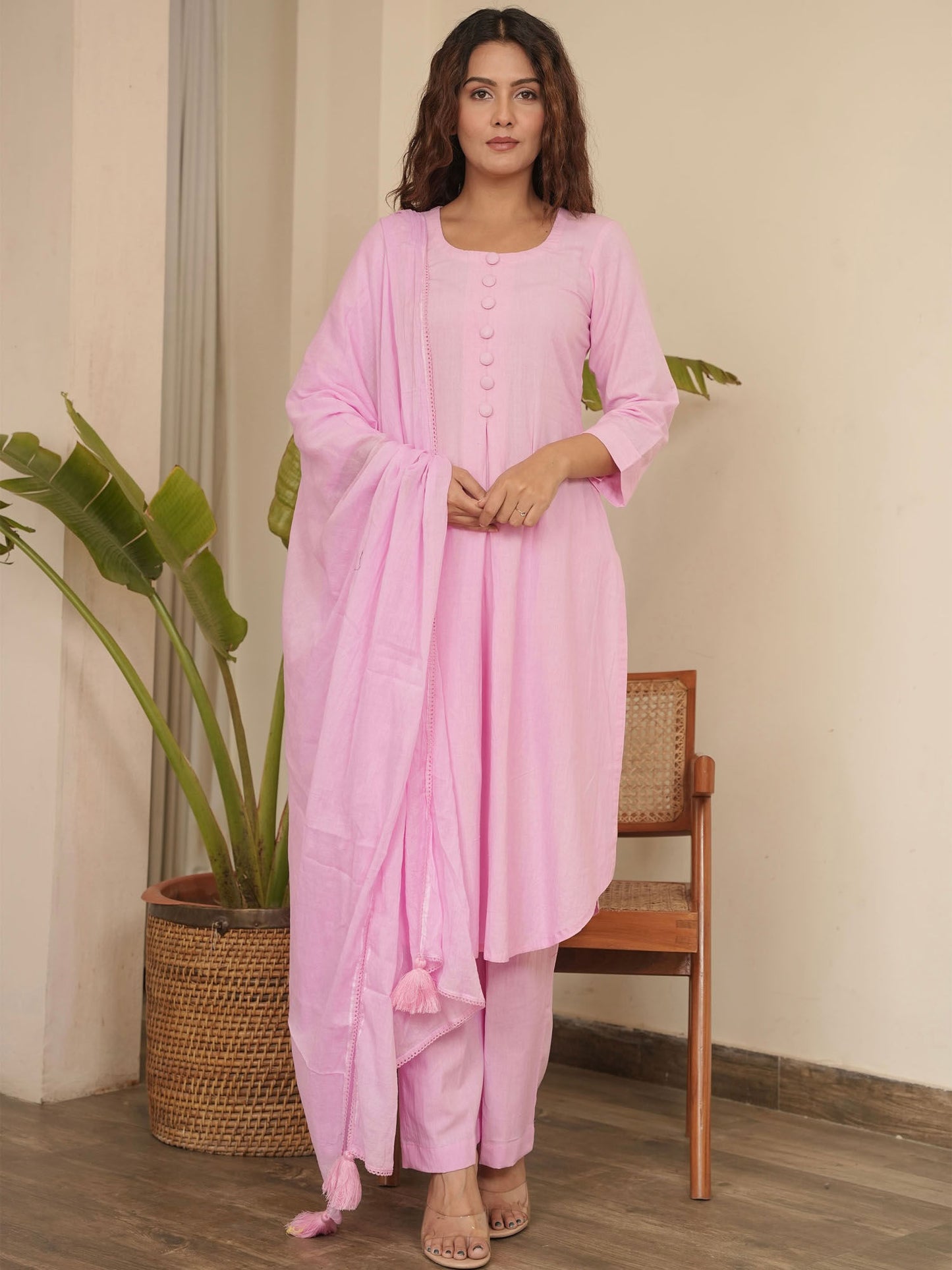 Baby Pink Cotton Kurta with Pant & Dupatta (Set of 3)