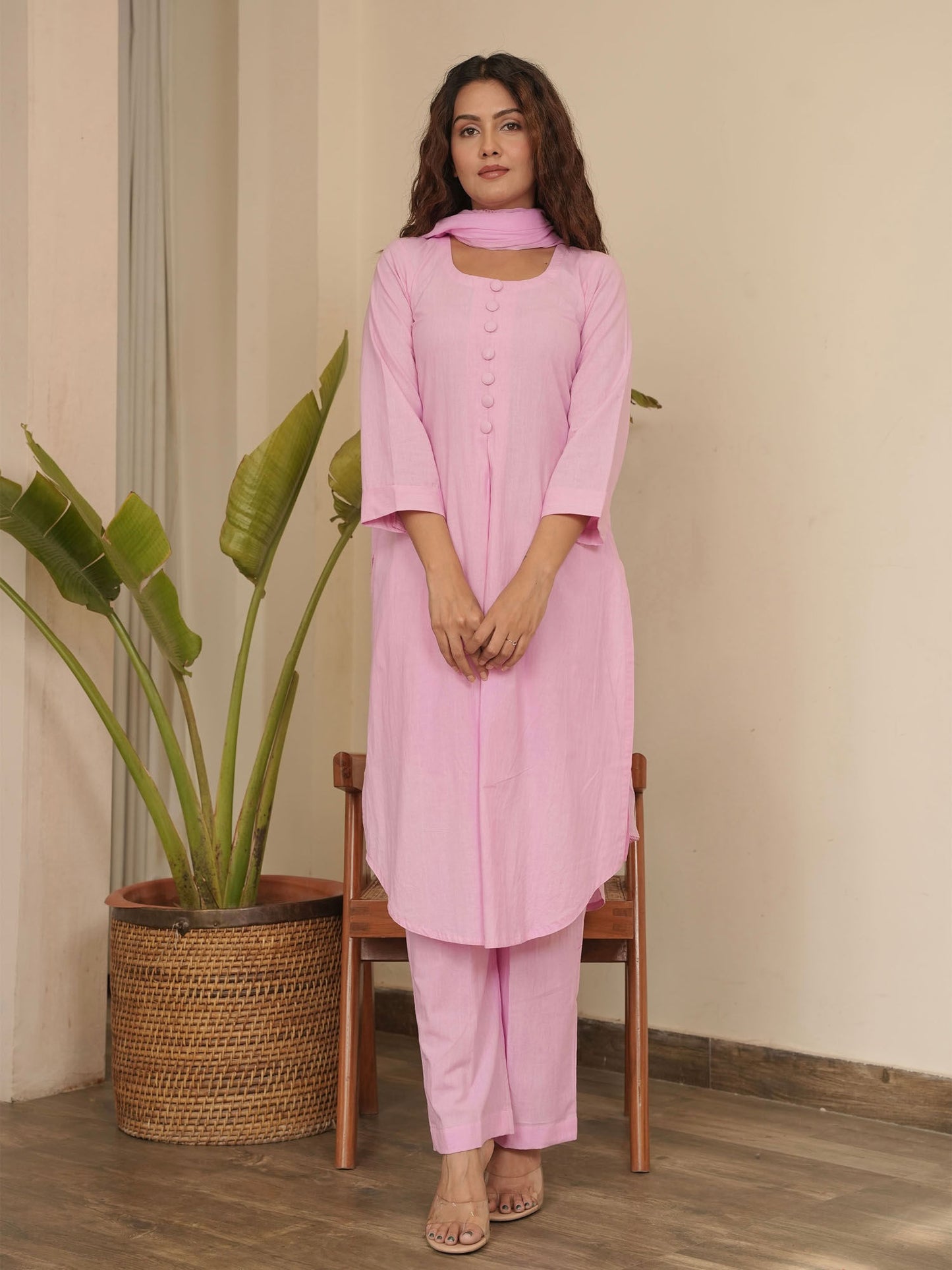 Baby Pink Cotton Kurta with Pant & Dupatta (Set of 3)