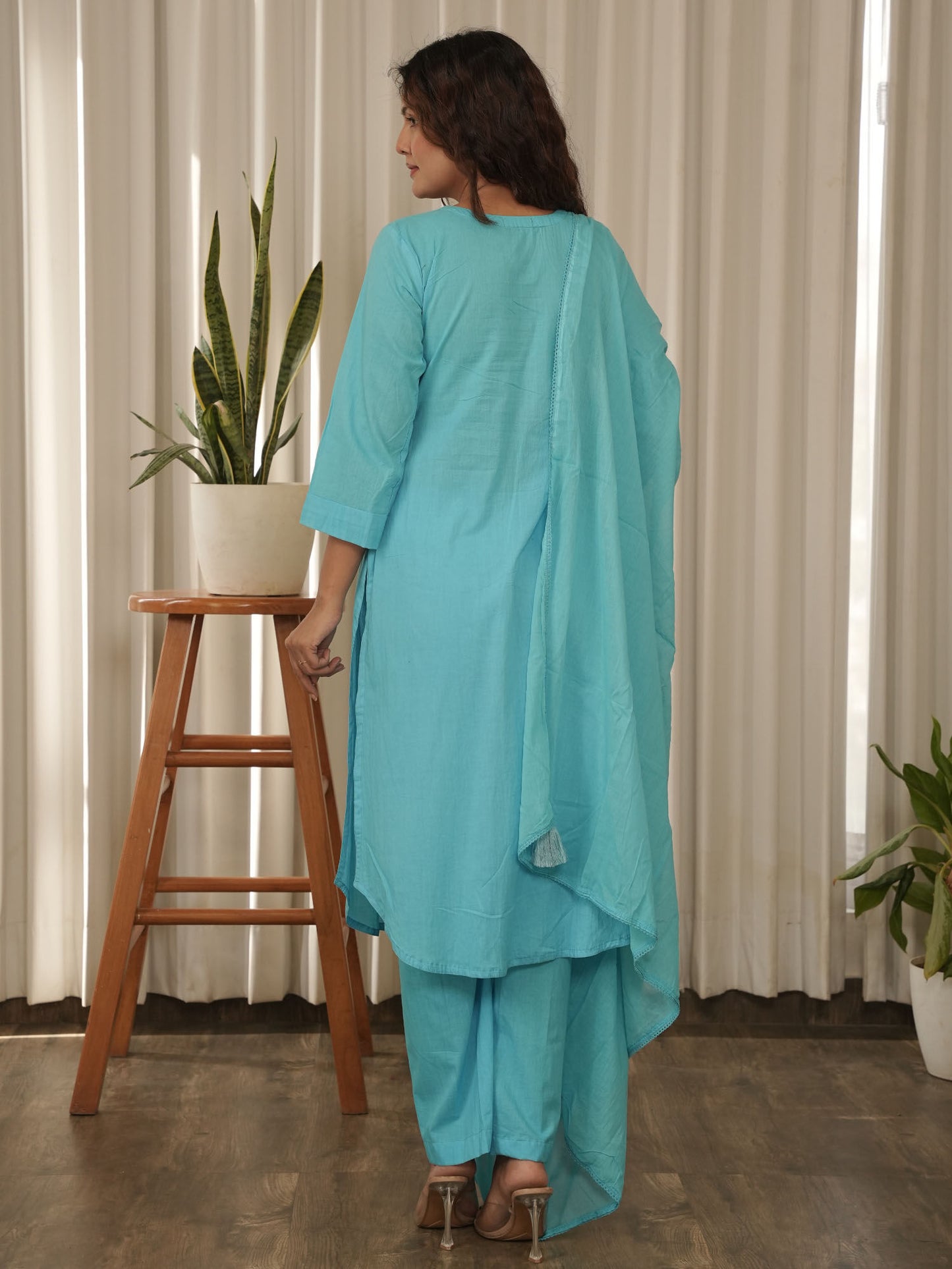 Teal Cotton Kurta with Pant & Dupatta (Set of 3)