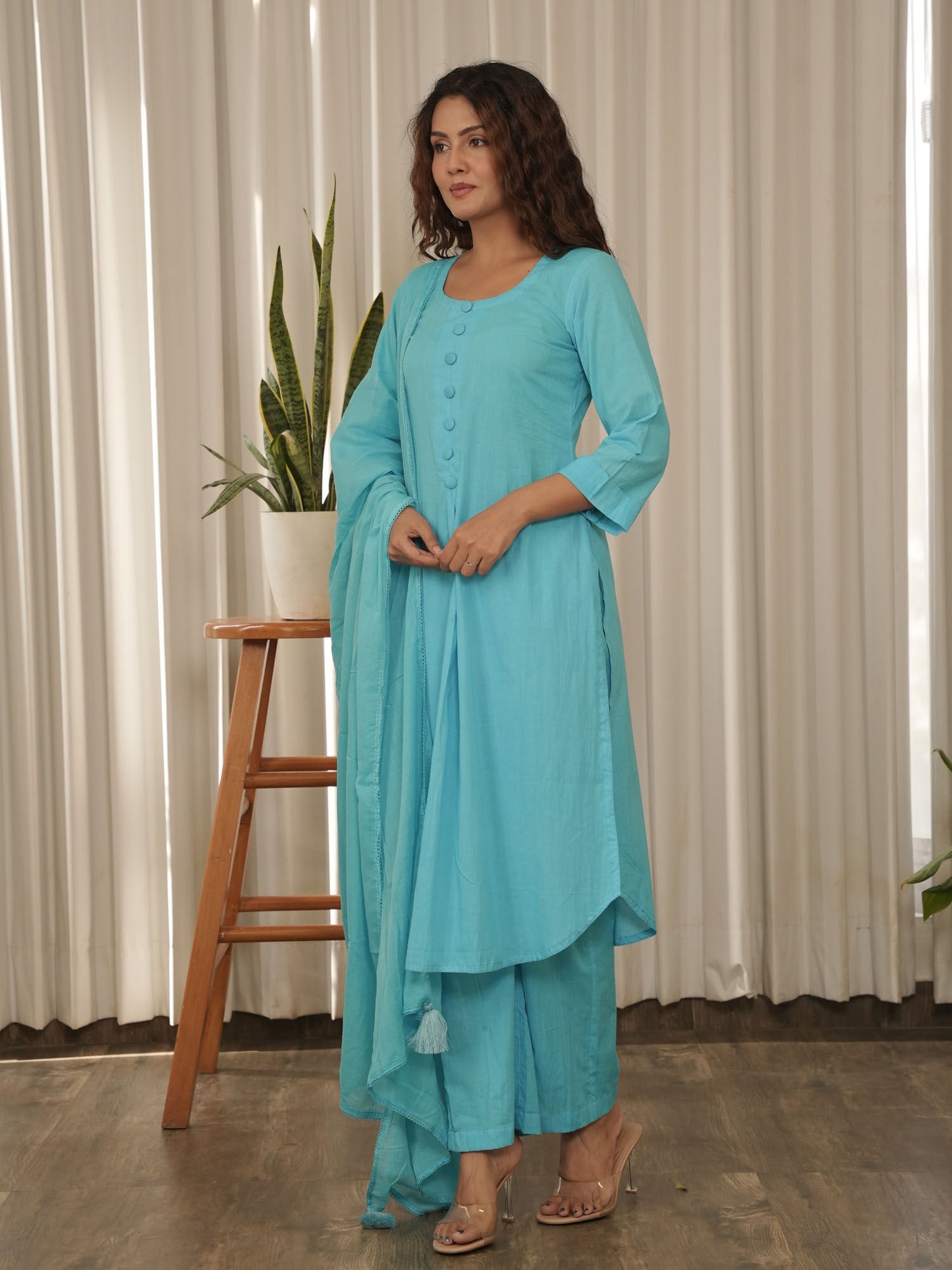 Teal Cotton Kurta with Pant & Dupatta (Set of 3)