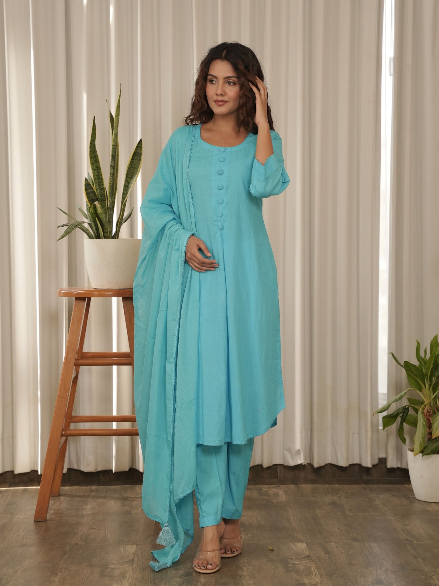 Teal Cotton Kurta with Pant & Dupatta (Set of 3)