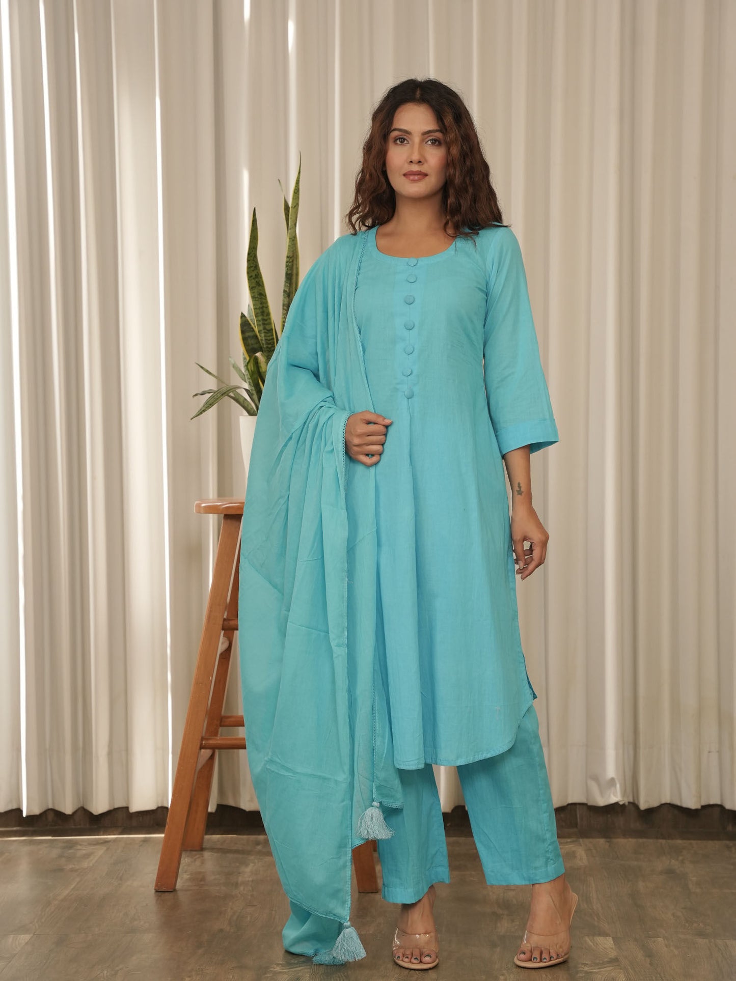 Teal Cotton Kurta with Pant & Dupatta (Set of 3)