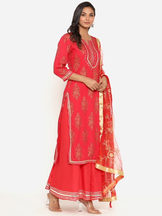 Fabriko Women Red Ethnic Motifs Printed Gotta Patti Kurta with Palazzos & With Dupatta