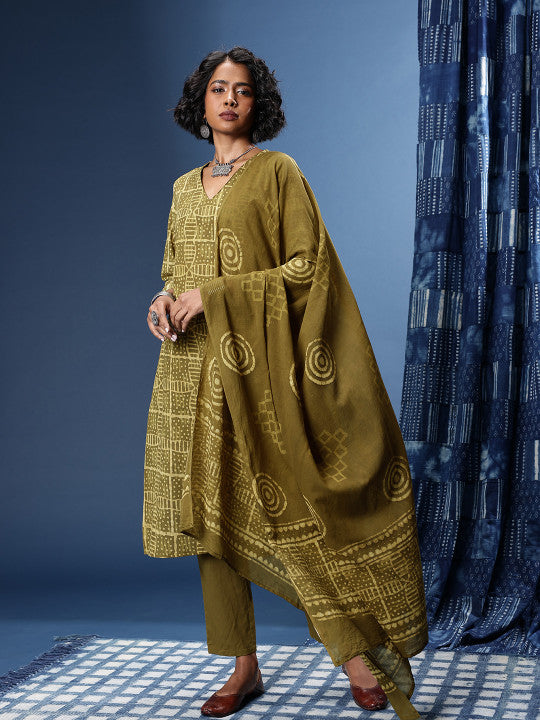 Taavi Pure Cotton Indie Printed V-Neck Block Print Legacy Kurta with Trousers & Dupatta