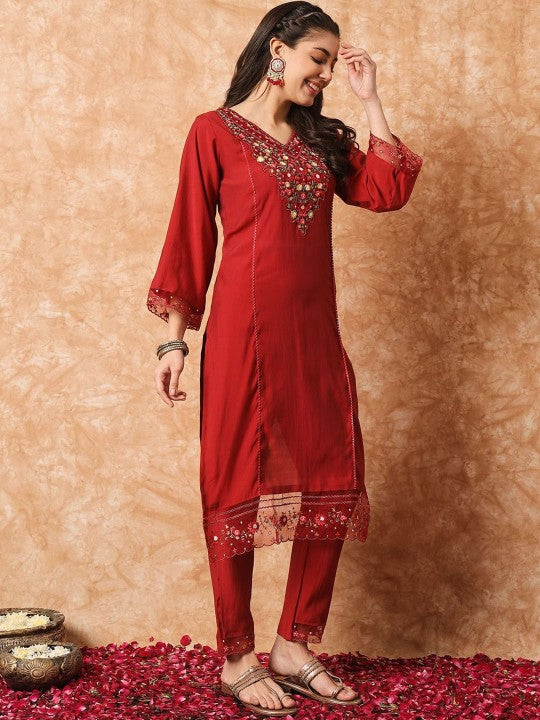 Neck Flared Sleeves Straight Kurta with Trouser & Dupatta