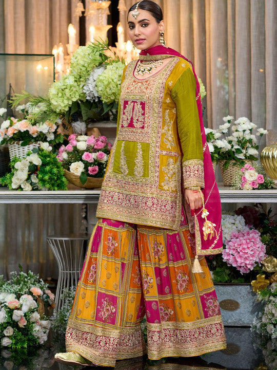 Indo Era Floral Embroidered Sequinned Chinon Straight Kurta With Palazzos & Dupatta