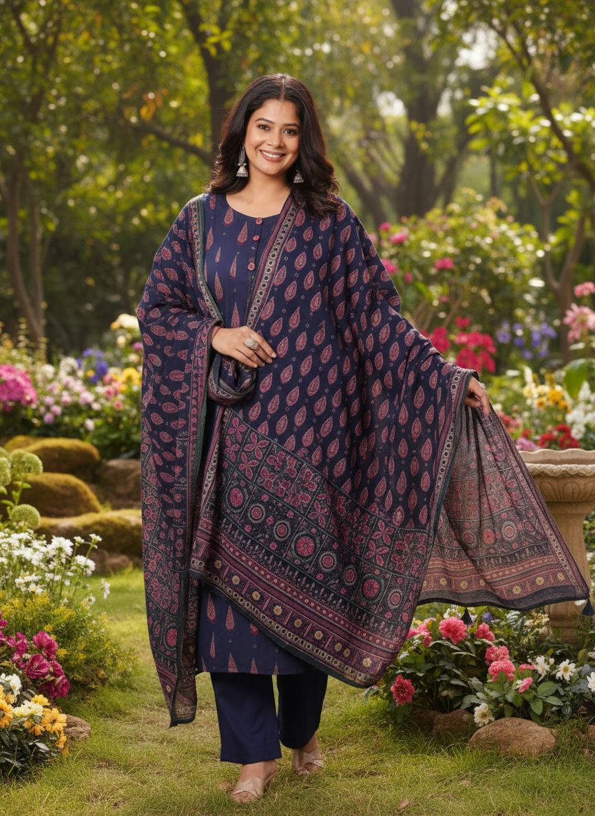 Soft Cotton Mughal Print Flared Purple Kurta