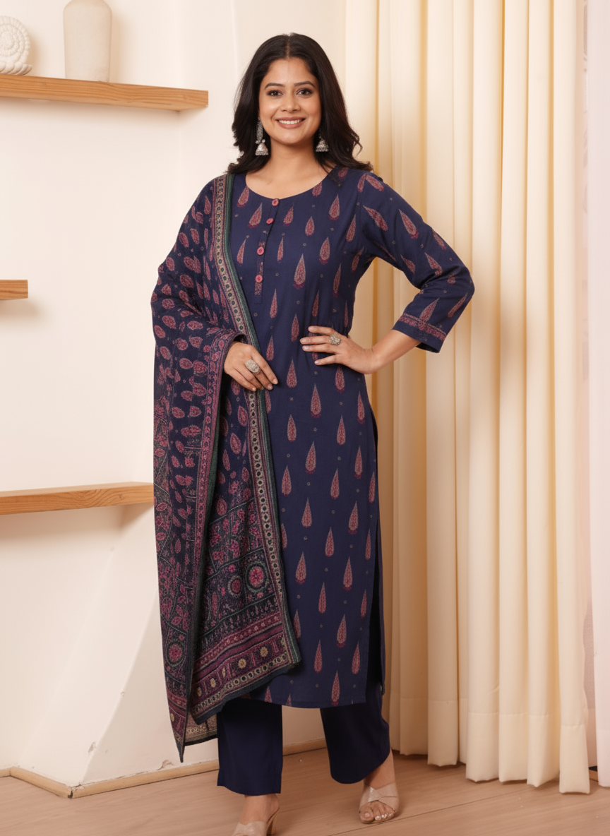 Soft Cotton Mughal Print Flared Purple Kurta
