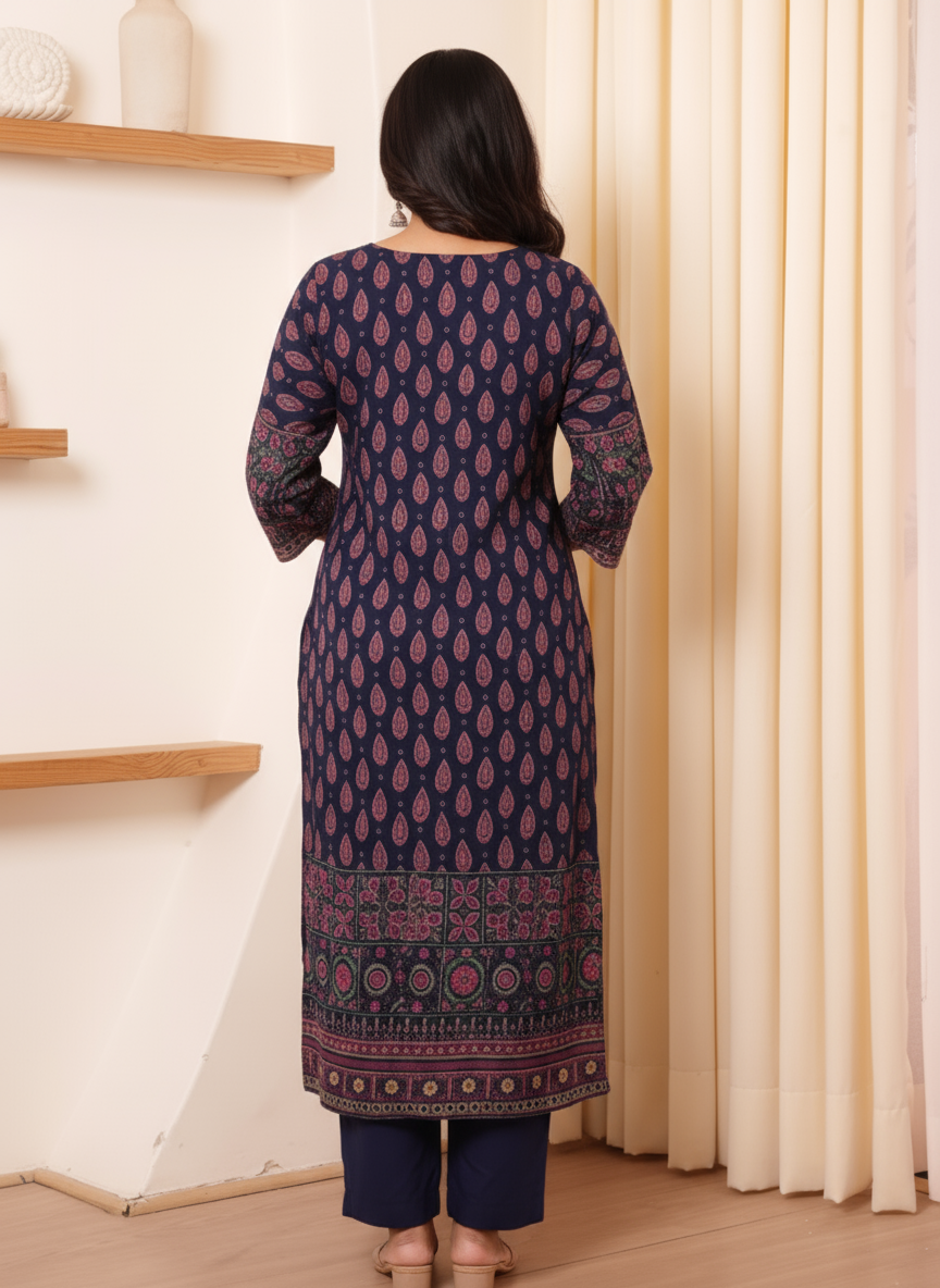 Soft Cotton Mughal Print Flared Purple Kurta