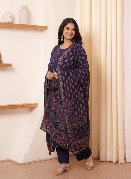 Soft Cotton Mughal Print Flared Purple Kurta