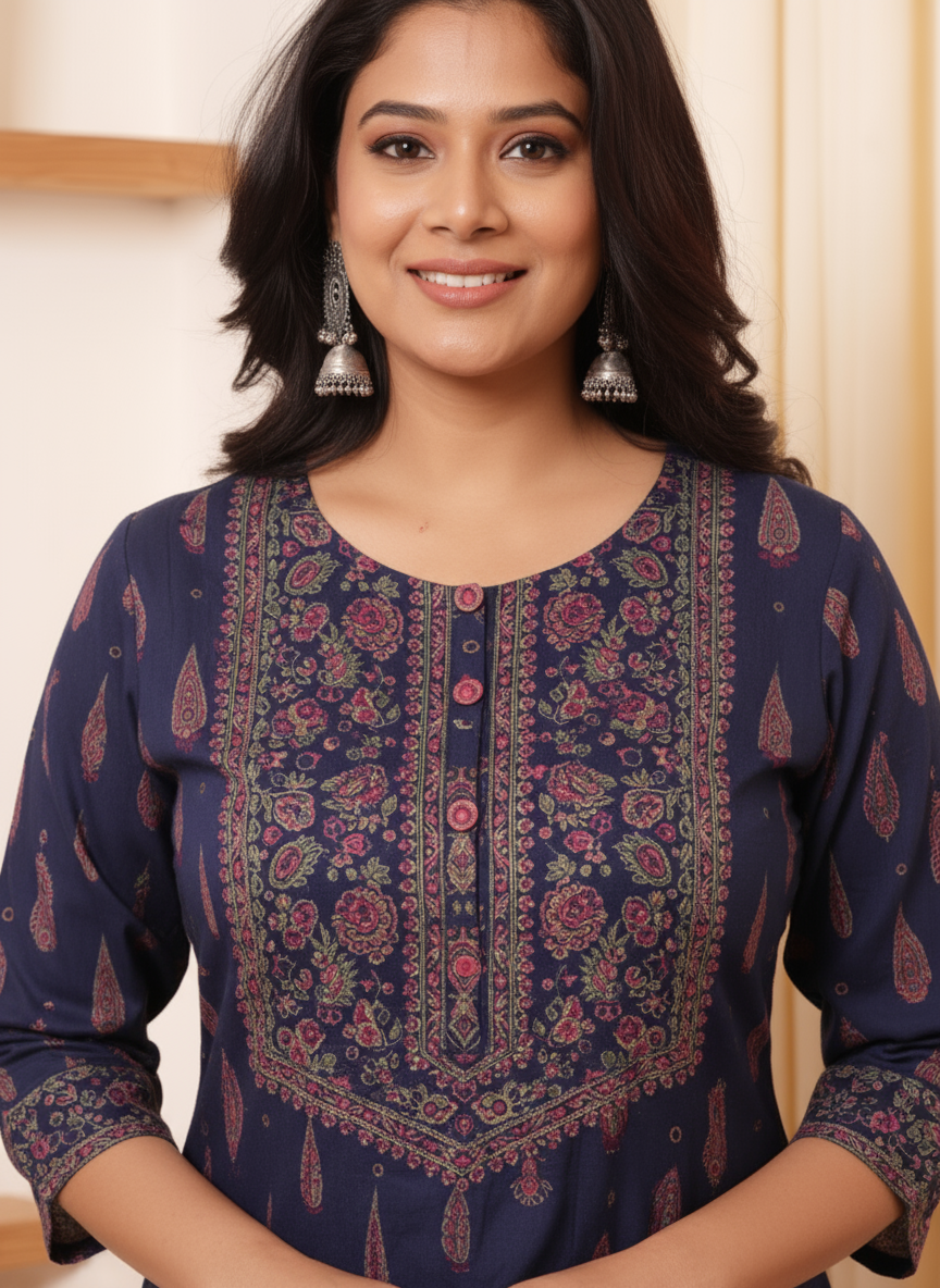 Soft Cotton Mughal Print Flared Purple Kurta