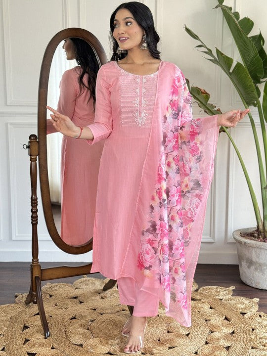 BLACK SCISSOR Floral Embroidered Sequinned Straight Kurta With Trousers & Dupatta