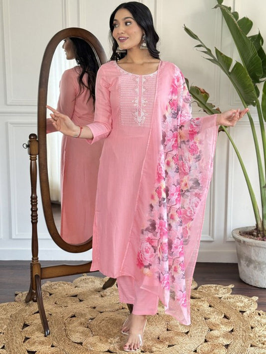 BLACK SCISSOR Floral Embroidered Sequinned Straight Kurta With Trousers & Dupatta