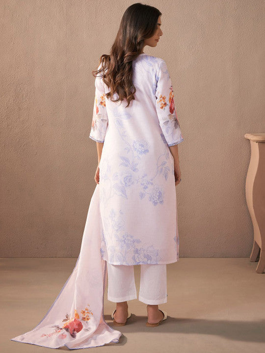 Indo Era Floral Printed Beads and Stones Linen Straight Kurta with Trousers & Dupatta