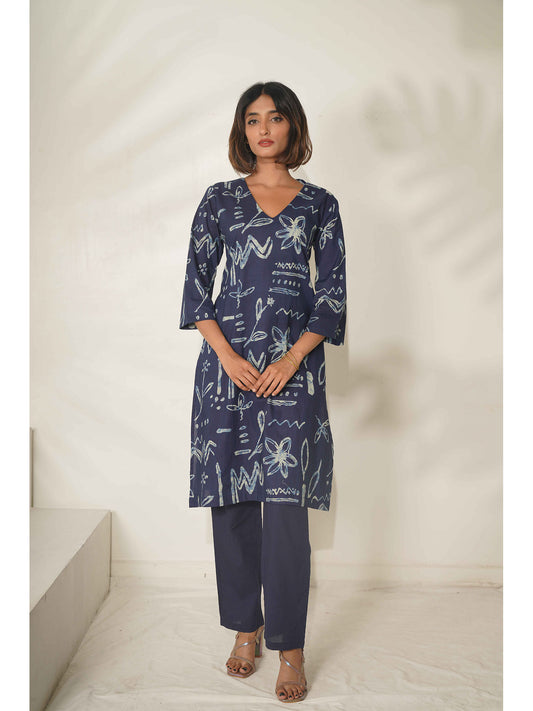 Women Abstract Printed Cotton Blue Co-Ord (Set of 2)
