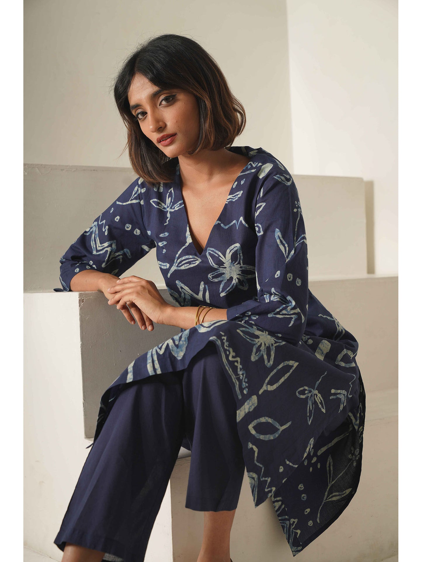 Women Abstract Printed Cotton Blue Co-Ord (Set of 2)