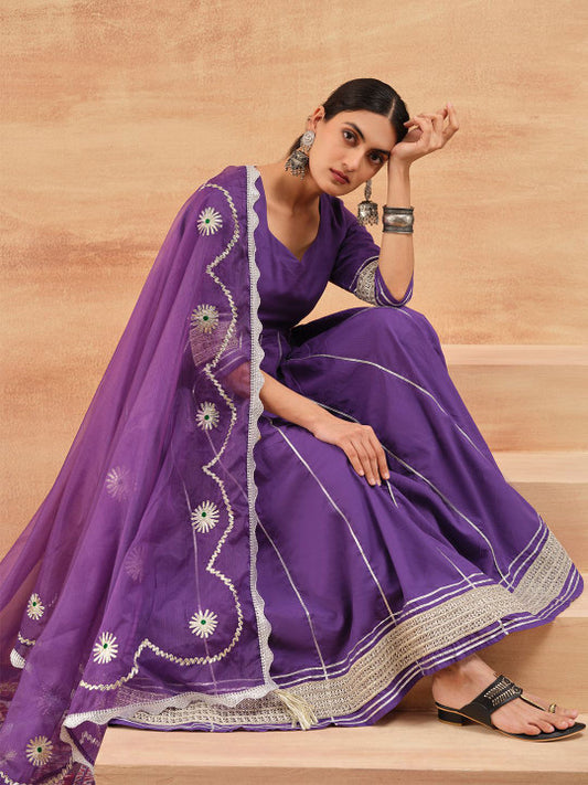 Ishin Gotta Patti Pure Cotton Anarkali Kurta With Trouser & Dupatta