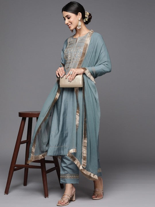 Neck Floral Embroidered Kurta with Trouser & Dupatta
