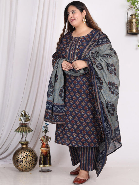 Swasti Plus Size Ethnic Motif Printed Gotta Patti Cotton Kurta With Trousers & Dupatta
