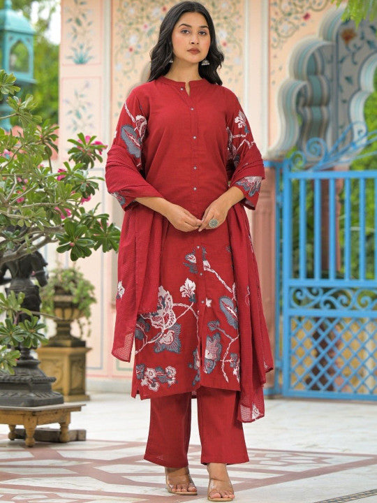 AUTUMN LANE Women Floral Printed Regular Pure Cotton Kurta with Trousers & Dupatta
