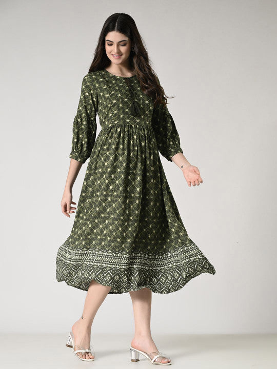 Aaruvi Ruchi Verma Ethnic Motifs Printed Green  Maternity Fit and Flare Midi Dress