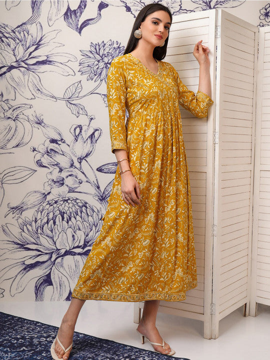 Vishudh Floral Printed Flared Sleeves A-Line Midi Dress