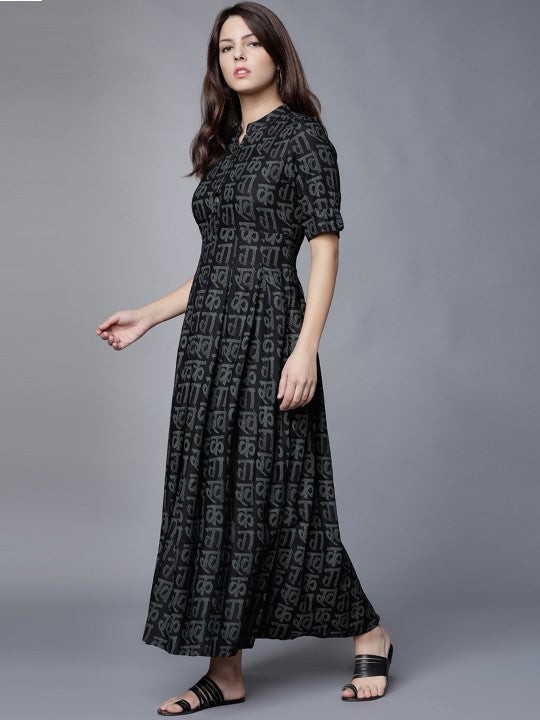 Vishudh Black Abstract Printed Maxi Dress