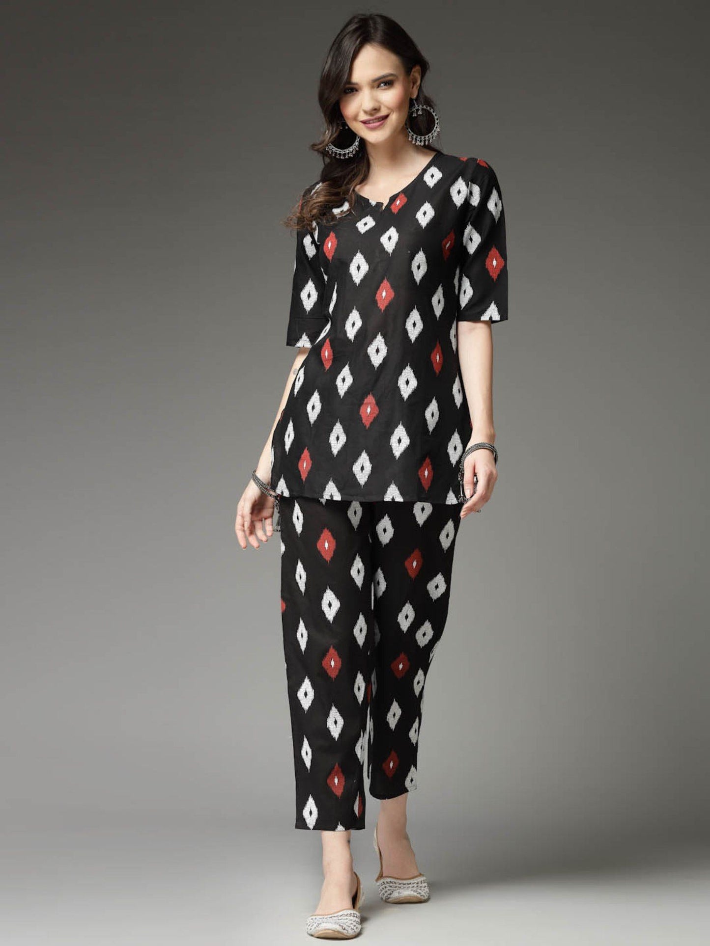 Womens Ikat Print Cotton Top with Pant (Set of 2)