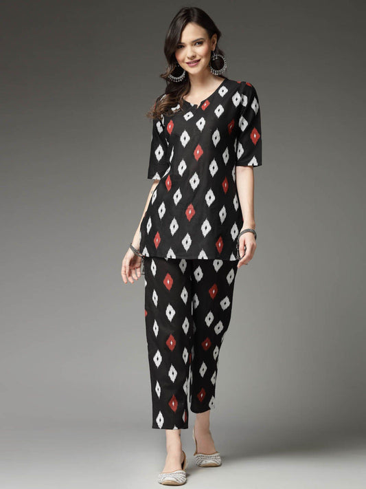 Womens Ikat Print Cotton Top with Pant (Set of 2)