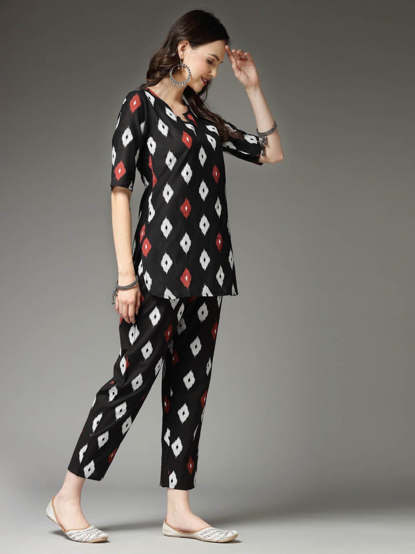 Womens Ikat Print Cotton Top with Pant (Set of 2)