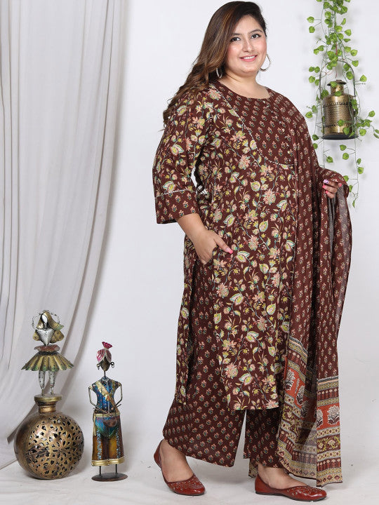 Swasti Plus Size Floral Printed Pure Cotton Kurta With Trousers & Dupatta