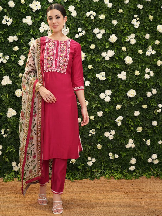 Vishudh Pink Ethnic Motifs Yoke Design Thread Work Kurta With Trousers & Dupatta