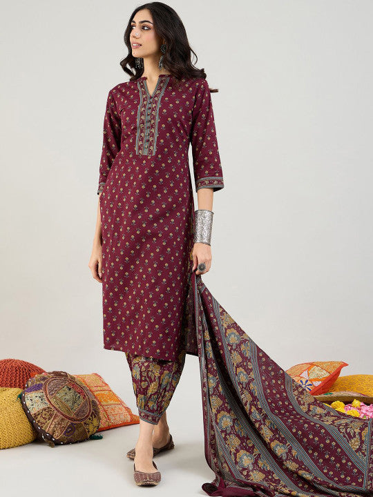 Indo Era Burgundy Floral Printed Mandarin Collar Pure Cotton Kurta with Salwar & Dupatta